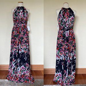 Eliza J Chiffon Navy Floral Halter Maxi Dress NWT 10